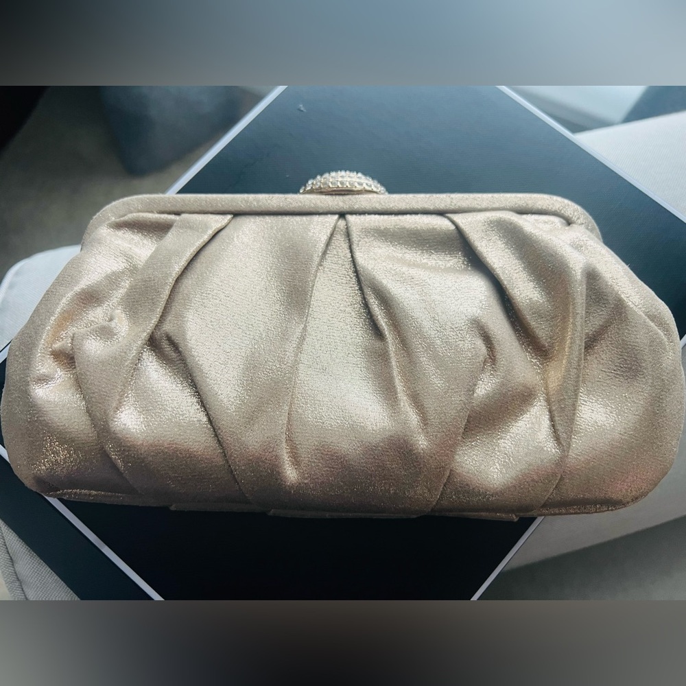 Elegant Nina Gold Clutch Bag in Taupe Reflective Suedette.